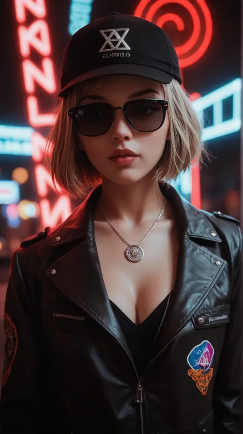 Enlarged face, alternative girl, watching through black sunglasses, jacket, necklace, neon light reflections on the skin, shaving, makeup, skin blemishes, short hair, small hat, neon lights background, poor lighting, depth of field, detailed in high detail...