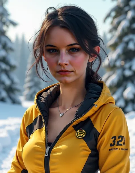 This woman,  dark hair, yellow/black attractive clothing, small neckline, friendly, Sport, winter,  realistic presentation,  best quality 