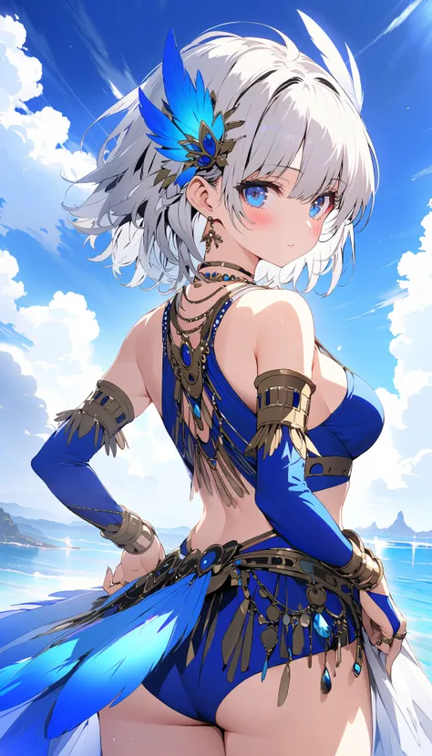 1girl, solo, looking at viewer, blush, short hair, blue eyes, closed mouth, jewelry, bare shoulders, medium breasts, standing, swimsuit, white hair, grey hair, multicolored hair, thighs, cowboy shot, detached sleeves, looking back, necklace, from behind, r...