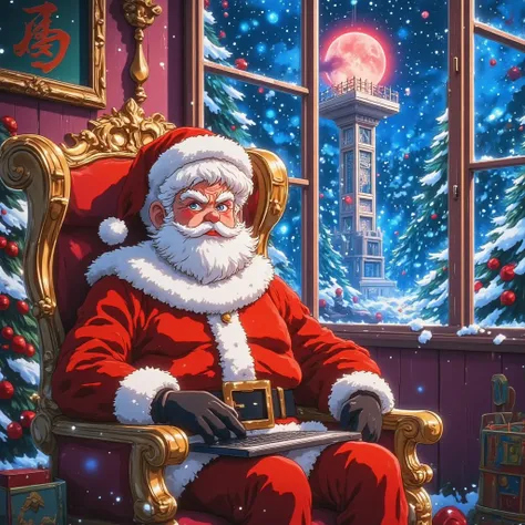 young anime murim santa  clause suit villain taoist marshal artist , laughting ,gloves , kiijing thought finger , hiding smirk smile , in suit sitting in dark shadows on chair in villainous pose cyberpunk, young evil monk, chillin in the city god eye, anta...