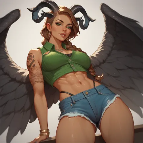 1 girl, brown skin ,archangel, 4 wings ,,  fine winding , black wings,  Athletic body ,,  looking at the viewer , look até viewer, naughty look ,  tattooed body ,  snake tattoo, black horns,  brown hair,  hair with braids , green knitted vest, shorts jeans...