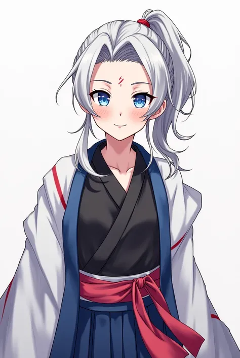 hello,  make me a very beautiful character of Kimetsu Noyaiba , Japanese anime,  make me a character created by me ,  that has deep blue eyes , serious,  with the pretty face ,  a scar on the small face along the cheek ,  hair in a ponytail and mocho is on...