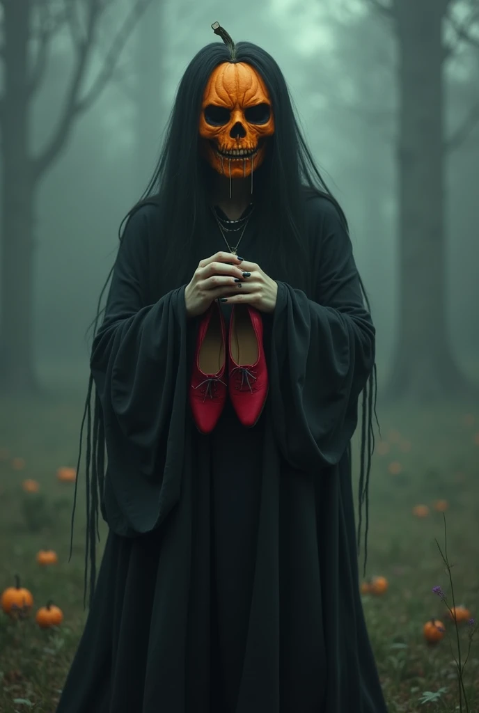  Death in a womans version with her face half a pumpkin dressed long and black. With oz in her hand crying for war 