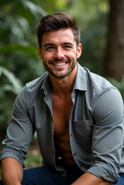 Handsome man, Sitting in a gray ,  open shirt