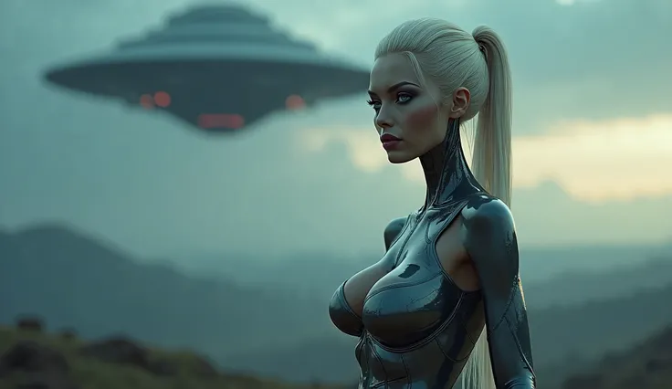 An alien woman with a human body and face. Very beautiful. Age 45+. Blonde with platinum hair. Blue eyes. Breasts of 2 sizes. In a space dress with elements of an old dress. In the sky against the background of a UFO. body is not skinny. The face is very h...