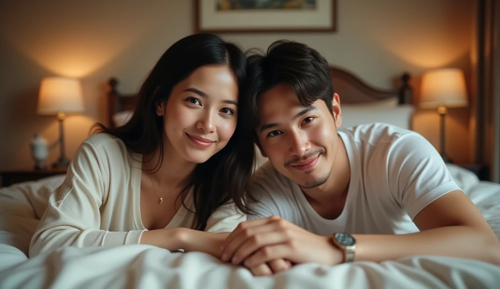 An Indonesian couple, a beautiful woman and her husband, lying happily on a bed together. They are smiling and enjoying each others company in a warm and cozy bedroom setting. Both have Indonesian features with warm skin tones and dark hair. The room has s...