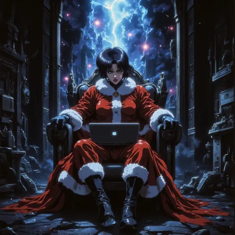 young anime murim santa  clause suit villain taoist marshal artist , laughting ,gloves , kiijing thought finger , hiding smirk smile , in suit sitting in dark shadows on chair in villainous pose cyberpunk, young evil monk, chillin in the city god eye, anta...