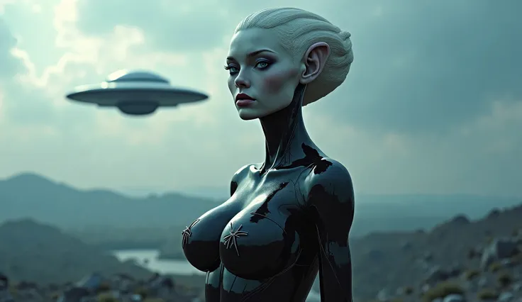 An alien woman with a human body and face. Very beautiful. Age 45+. Blonde with platinum hair. Blue eyes. Breasts of 2 sizes. In a space dress with elements of an old dress. In the sky against the background of a UFO. body is not skinny. The face is very h...