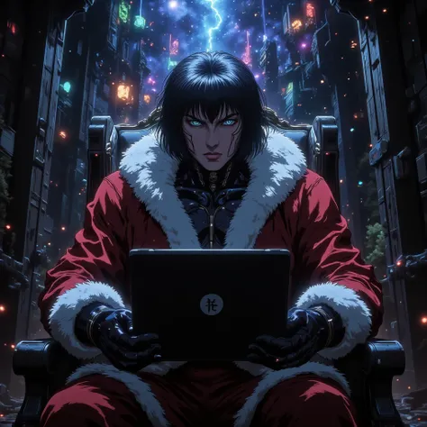 young anime murim santa  clause suit villain taoist marshal artist , laughting ,gloves , kiijing thought finger , hiding smirk smile , in suit sitting in dark shadows on chair in villainous pose cyberpunk, young evil monk, chillin in the city god eye, anta...