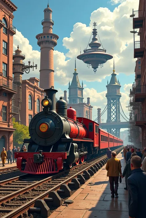 Steampunk Worlds,A vibrant steampunk world featuring a bustling steam city, complete with vintage railways, a majestic bridge made of steam and iron, and a floating city in the sky. The scene captures a steam locomotive journey, surrounded by gears of all ...