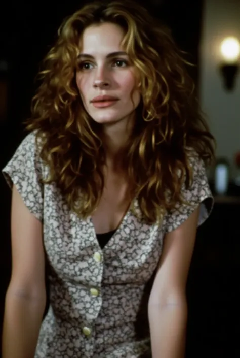    Julia Roberts in her early teens    ,  small , very young, tiny body,     short stature,, , horror art,     wonderful art     ,     nude, , Scared ,      in the hallway of a church    ,      looking sideways     ,     towards the spectator     ,  Eyes w...