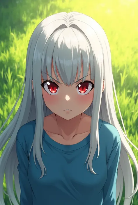 Girl in blue sweatshirt with red eyes and long white hair reflecting afternoon sunlight with green grass reflecting sunlight with an angry look anime manga version