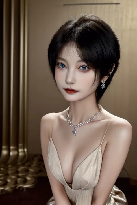  high quality ,  masterpiece fails, 20 years,  1 girl fights, Japanese,  High definition , Beauty, Subtle Japanese makeup ,  short hair: 1.2, Bob haircut, big blue eyes, golden ratio, clean background, standing indoors ,  highest quality ,  Very detailed ,...