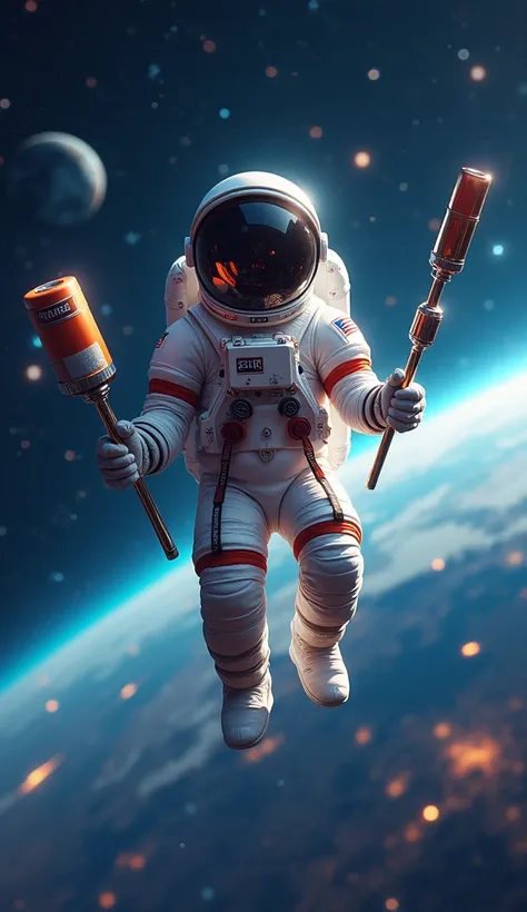 An astronaut floating outside a futuristic spaceship in deep space, holding two shiny tools. The tools are slightly apart, and the astronaut looks curious, with Earth and sparkling stars in the background. Add vibrant colors and a playful tone to set an ex...