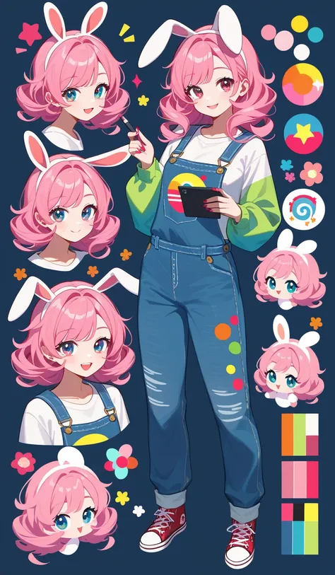 (masterpiece, The best quality at its best:1.2), alone、whole body、front、Character Sheet、Droopy eyes、one&#39;s junior、cool、Quiet , overalls with colorful paint with a cozy sweatshirt , holding a tablet pen , short pink hair , thick bang High quality anime a...