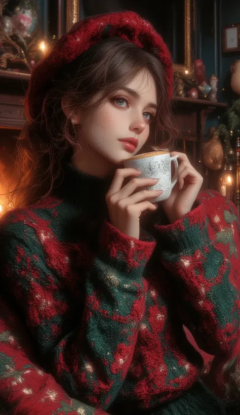 A beautiful woman with beautiful eyes:1.2, detailed eyes, beautiful full lips, highly detailed eyes and faces, long eyelashes, cute expression, smile, sitting:1.4, holding a cup of hot latte, homely background, Christmas sweater, fireplace, warm light, det...