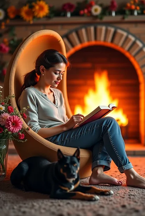 44-year-old woman reading in an egg chair ,  in front of a fireplace with her black Australian shepherd and her tabby cat in the middle of flowers