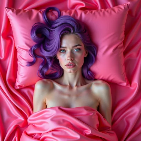 Female pale skinned early 20’s long wavy bright purple hair lies face up in a nest of neon pink satin sheets and pillows. Is covered head to toe in chorister spread turning her into a chocolate bunny woman (photographic quality real life 1:4) ((anatomicall...