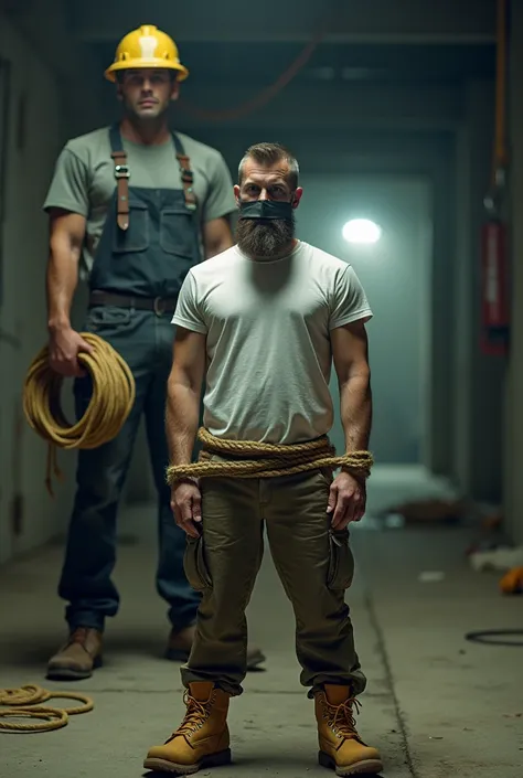 A nordic man with a trimmed beard and short hair dressing white t-shirt, cargo pants and yellow Timberland boots, ancles tied up tightly together with a thin rope, sitting on a wooden box hands behind his back and  tape on his mouth in a abandoned factory....