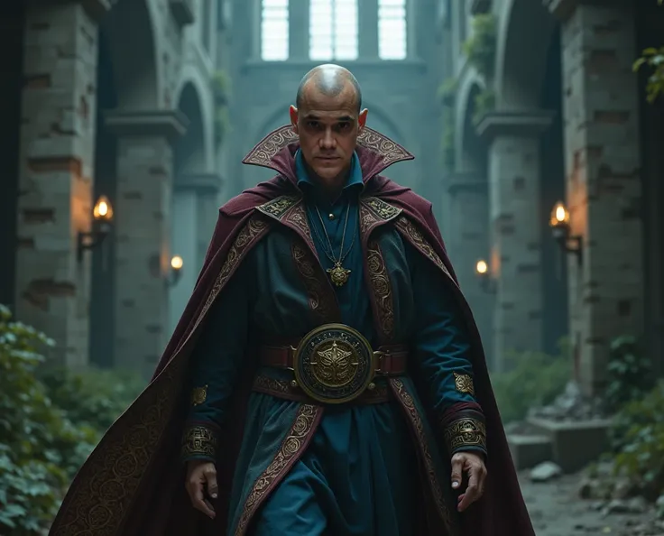 cinematic close up photography of bald man, dark eyes, he wears Dr Strange style wizard outfit, walks through a ruined castle, 90s style science fiction