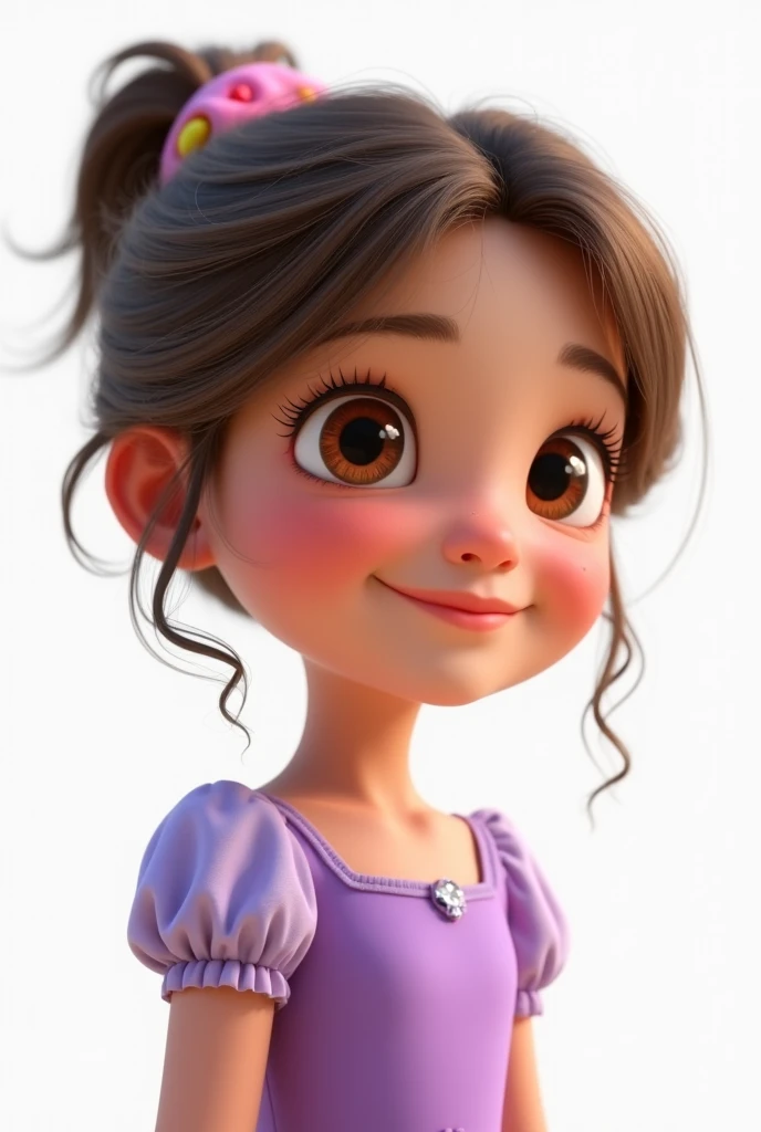  A 3D Disney Pixar , Little pretty girl ,   ,  brown-eyed , open smile, light brunette, straight loose hair, with side fringes ,  portrait with a lilac dress and a white background on the back