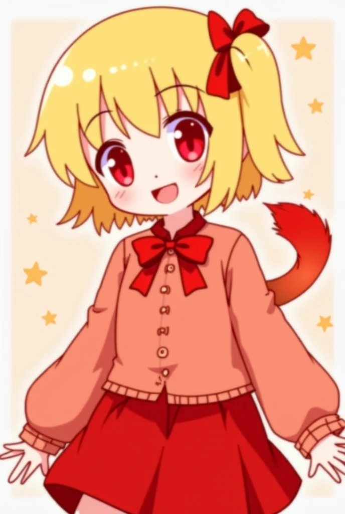  She is a blonde girl with little red ears and a red tail ,  with round lenses with red details , She has a happy face ,  she also has a red ribbon around her neck and a beautiful sweater with long red sleeves and a red skirt