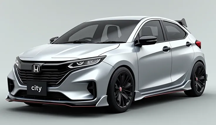 Create a 3d render of a car design featuring the 2025.[Honda City] . The car should be viewed from the [front right side] view in [silver] colour car. Include a [jaguar Logo] prominently on (front), The license plate should display [city]. The car should h...