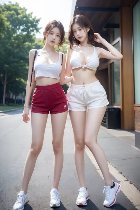  Maximum resolution , 2 girls,  white hair, , cheekbones, flapping sides ,  chest ,  redhead,  thin smile,  Side Corner,  Multi View Image, full body image  , Close-up , Sunglasses, outdoor,เสื้อกล้ามบางๆโชว์ chest สีขาว, White Slim Fit Shorts ,White Sneak...