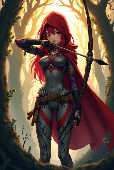 Anime red riding hood as hunting warrior. Holding an arrow