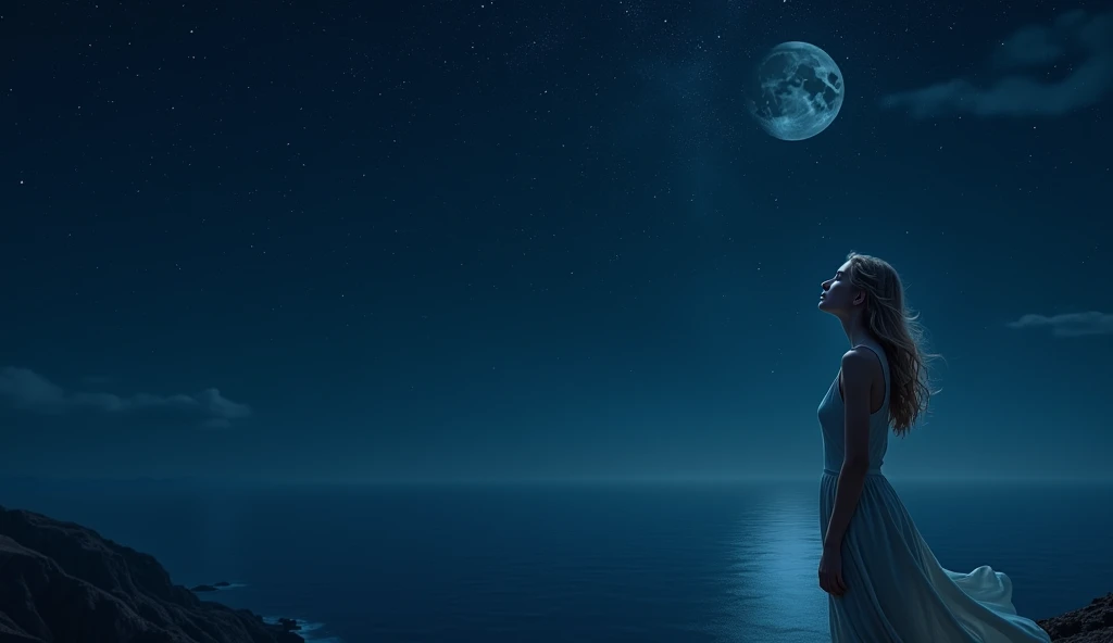 Scene Description:
The woman stands on a cliff at night, her face illuminated by the soft glow of the moon as she gazes up at the star-filled sky.
Surrounding Details:
The night is clear, and the sky is filled with countless stars. The ocean stretches out ...