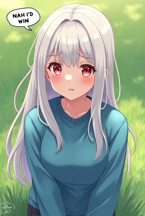 Girl in blue sweatshirt with red eyes and long white hair reflecting afternoon sunlight with green grass reflecting light written on a NAH ID WIN reading bubble with a serious look and a smile manga version