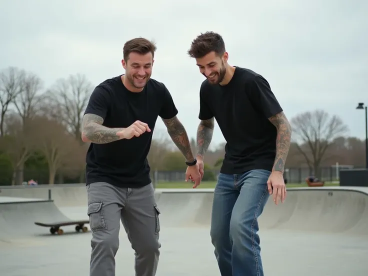 Two brothers skateboarding at a skate park but smiling at the camera. Both have short dark brown textured hair. They are in their 30s. Both have tattoos. One is slightly older than the other.  They are following each other. It is cloudy. Rhey are wearing b...