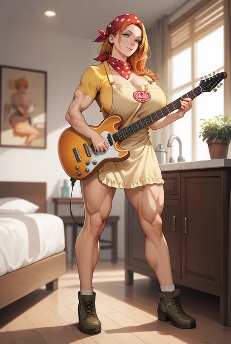 score_9,score_8_up,score_7_up, 1girl, solo, muscular, orange hair, huge breasts, abs, green eyes, bedroom. bandana, brown footwear, yellow shirt, apron, playing guitar 