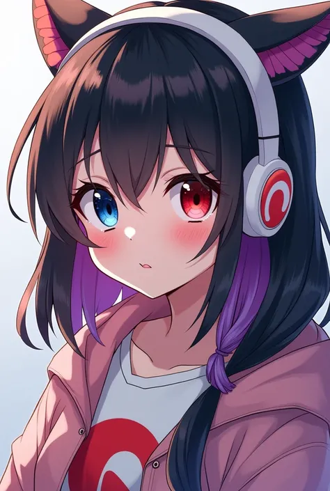 Create an anime image of a woman with a height of 153 cm, a weight of 48 kg.  Jellyfish haircut with black ombre purple sedada. Left eye color blue right red  . Kinda tomboy wears red motif white headphones