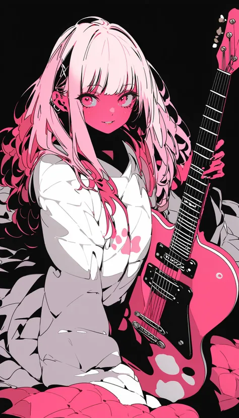 1girl, solo, breasts, sitting, full body, pink hair, pants, medium hair, blunt bangs, colored skin, headphones, crossed legs, limited palette, paw print, holding instrument, electric guitar, flat color, (perfect anatomy), ((32k)), ((best quality)), ((ultra...