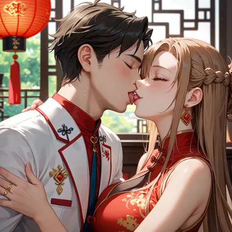 (( top quality )), ((masterpiece)), ( Details), （perfect face）、Yuki Asuna, who has bright brown hair, wears a gorgeous and enchanting red Chinese dress with golden embroidery and edging, wears an engagement ring, hugs and kisses an old Chinese man, and has...