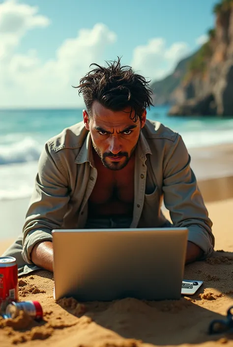 Please create an image of a desperate system engineer programming on the beach