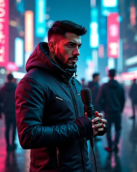 cyberpunk journalist, mixed man, with sleek futuristic suit, reporting the news, with news camera crew, with news microphone