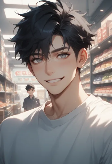 (Fraction_9, Fraction_8_up), Fraction_7_up, Adult male, shirt, Black Hair,  1 boy,  gray eyes , upper body, male Key Points, Short, dark hair, young man, shop assistant, shy smile, busy shop background