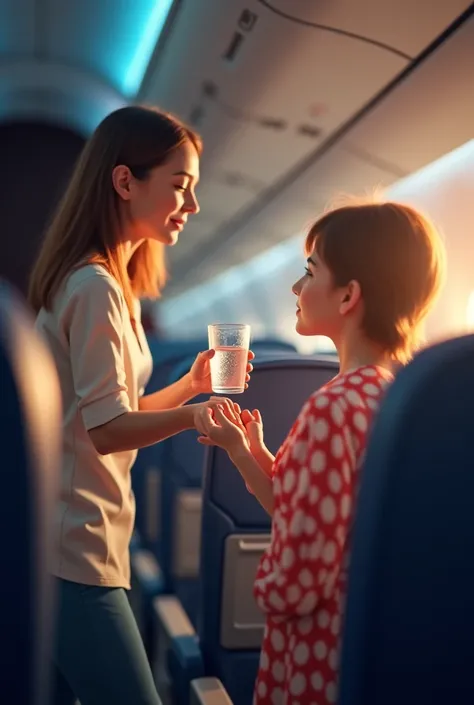 A woman offering a glass of water to someone on a plane