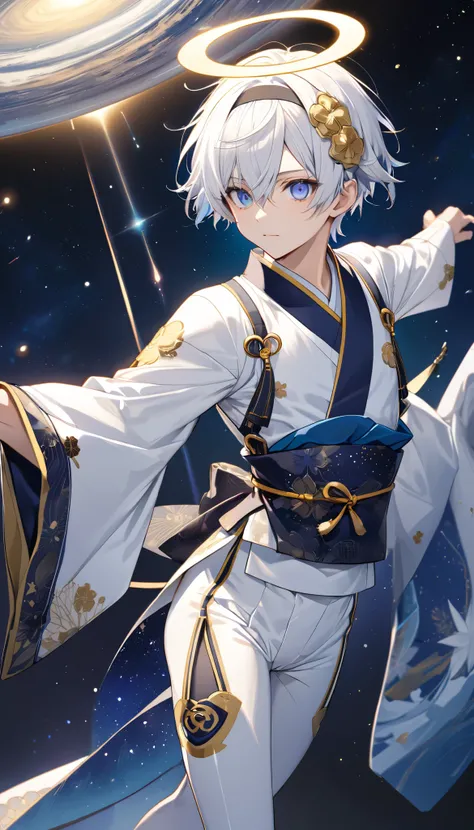 Fresh illustration,
Ultra-fine drawing,
Very delicate illustration,
Very fine details,
Only one boy,
Full body,
Standing motionless,
Arms slightly spread,
Height 158cm,
Fair skin,
Right eye purple,
Left eye blue,
Odd eyes,
Heterochromie iris,
Beautiful eye...
