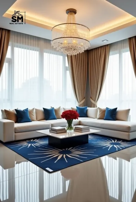 The image shows a modern, elegantly designed living room. The room features a large white sectional sofa adorned with blue and beige throw pillows. In front of the sofa is a sleek, white coffee table with a black base, holding a vase of red flowers and som...