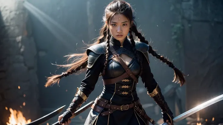 Female warrior in black costume with swords ,  dark brown hair with braided white tips,
