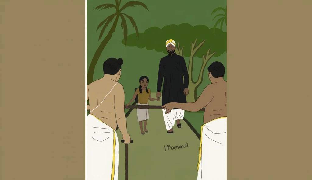 an illustration of a group of people in a tropical setting. There are three people in the image, two men and a woman, all wearing traditional Indian clothing. The man in the center is wearing a black kurta and a yellow turban, and he is holding a stick in ...