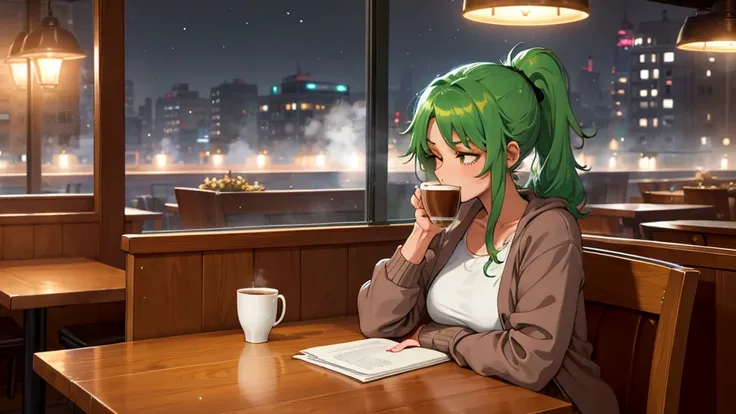 "A woman with green hair tied in a ponytail sits at a table in a cozy café, typing on a laptop. She is wearing a pink tank top under an open zipper jacket, exuding a casual and relaxed vibe. The warm ambient lighting of the café highlights the comforting a...