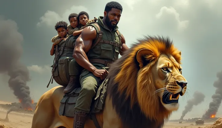 A close up black soldier riding a lion carrying 3 friends in his backpack on the war field