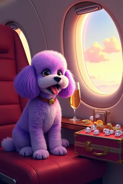  In this image we see a Bichon dog with purple fur , Meme style in cartoon  , sitting on a private jet sitting at the foot of the window drinking champagne and 2 suitcases full of diamonds and 2 beautiful and slender blondes in red dresses