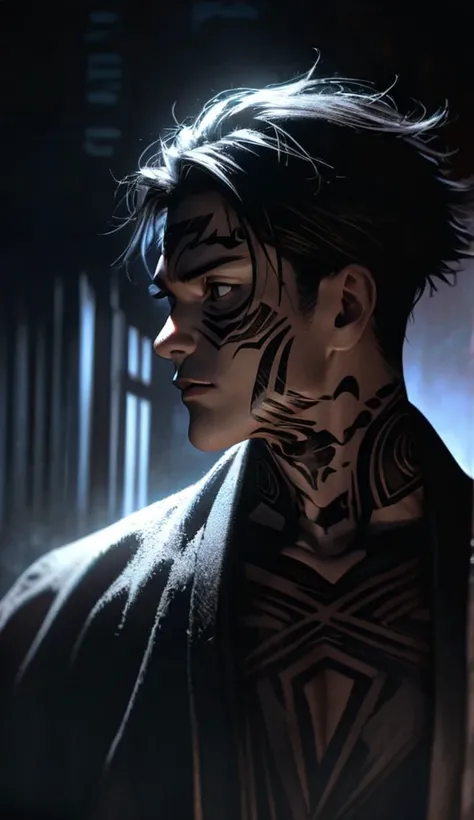 " Creation of a realistic image inspired by the character Ryomen Sukuna from Jujutsu Kaisen.  An imposing man with black tribal tattoos on his face and body ,  short hair,  with threatening expression and penetrating gaze . The scenery is dark and gloomy, ...