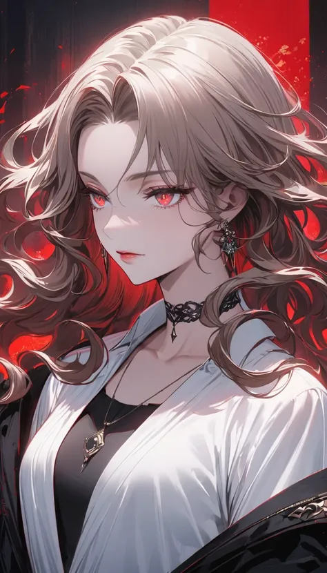  The character presents an impressive visual ,  with very voluminous and curly hair ,  dominated by black tones and red highlights . His eyes are remarkable,  with an intense red glow ,  which adds an air of mystery and power .  Her face has striking featu...