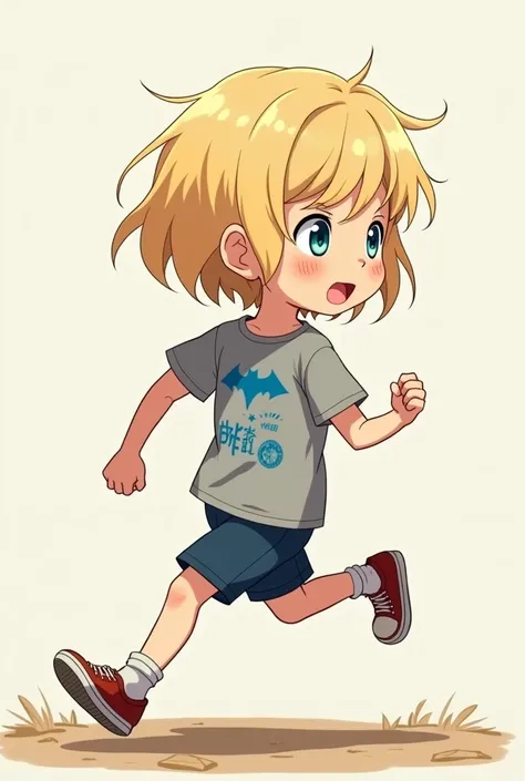 Anime drew a boy with soft blonde hair and wearing a gray shirt with blue heroes and running (From the side )